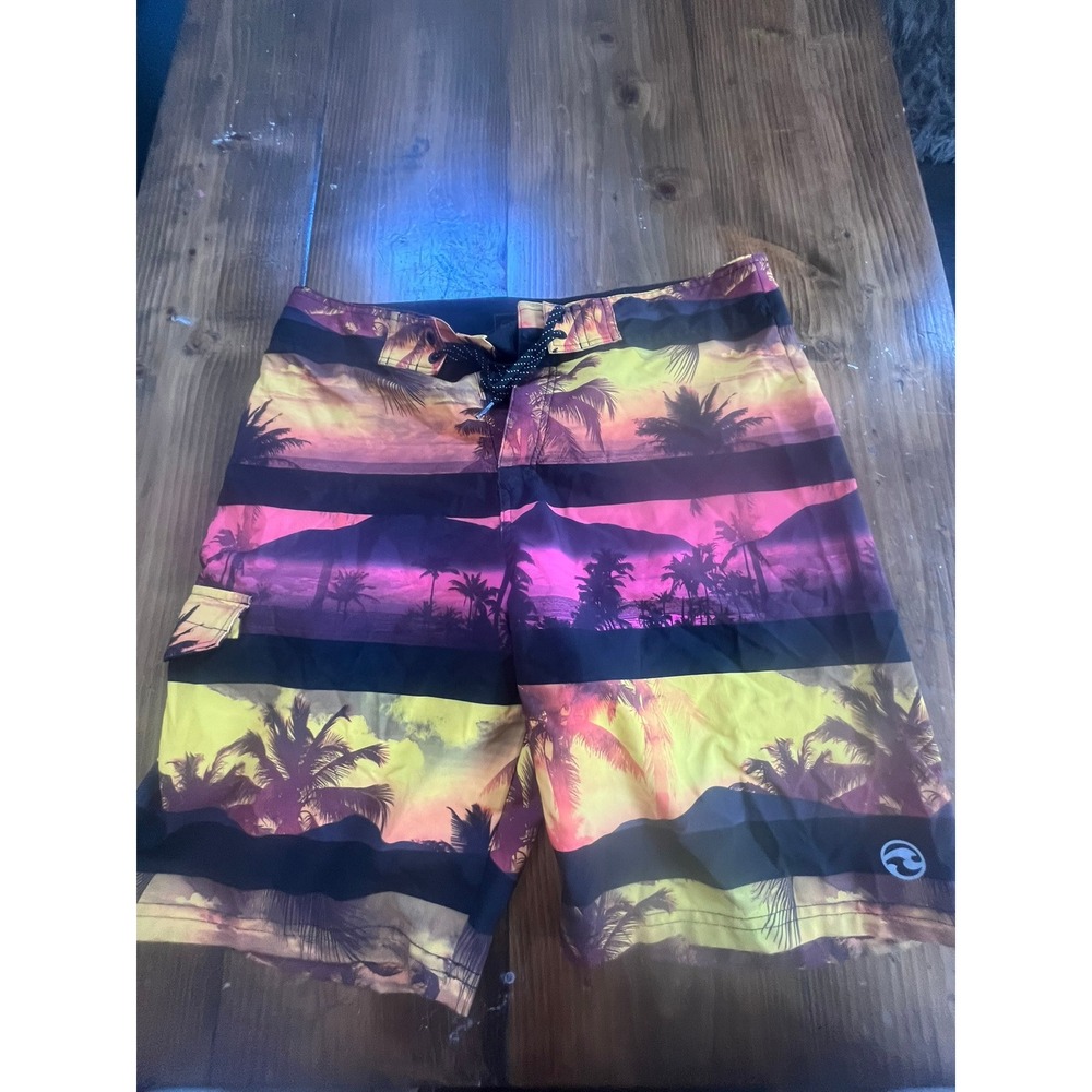 Ocean Current Mens Tropical Sunset Palm Tree Board Shorts Swim Trunks Size 34